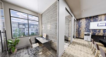 an office with a large window and a desk with a computer